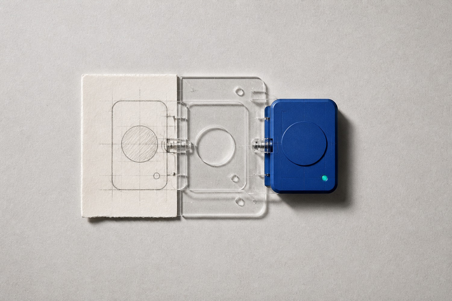 A concept sketch connected through a transparent rule layer to a finished live operational component